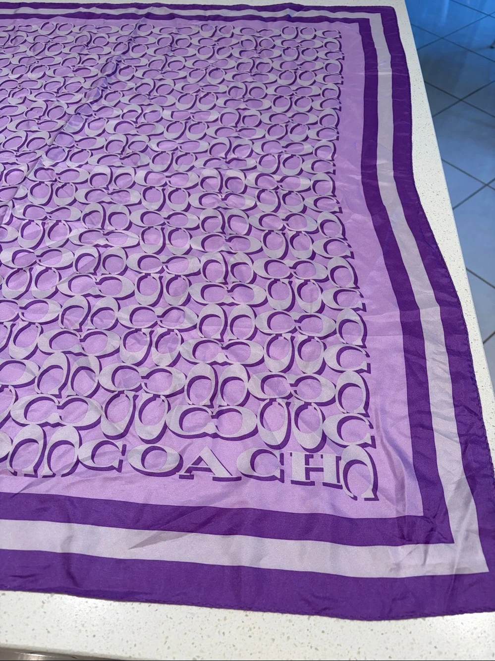 Coach Lavender & Deep Purple Signature Logo oversized silk scarf.